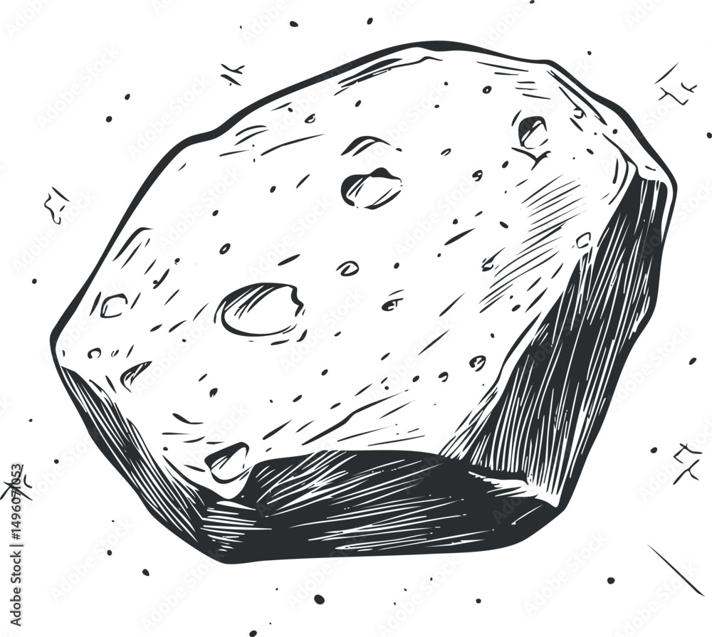Aufkleber black and white sketch illustration of an asteroid floating in outer space with craters and rocky su