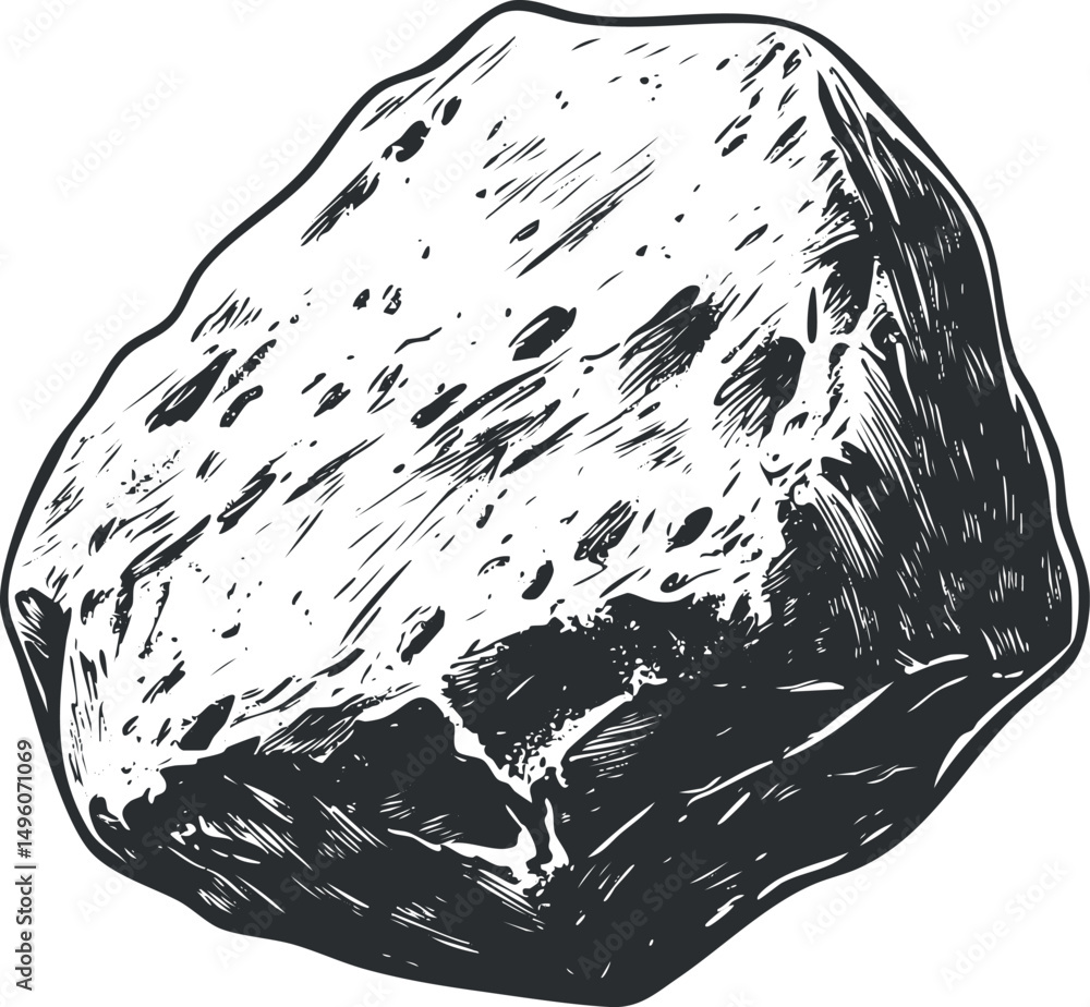 Poster black and white sketch illustration of a rough asteroid or meteorite floating in space with detailed
