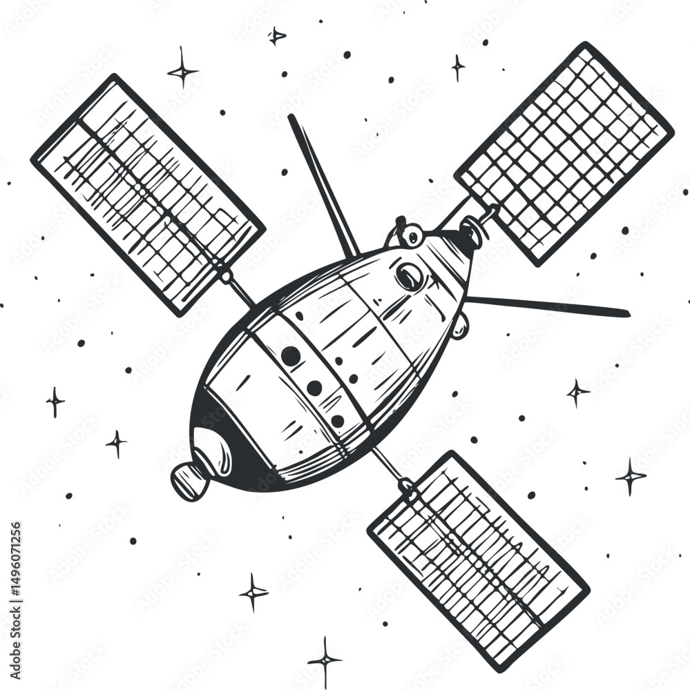 Poster black and white line drawing of a satellite with solar panels orbiting in outer space surrounded by 