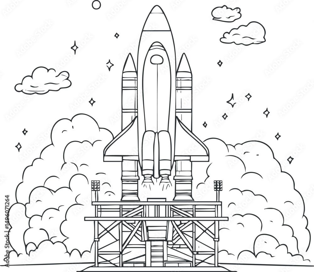 Poster illustration of a space shuttle rocket launching with clouds and stars in the sky on a launch platfo