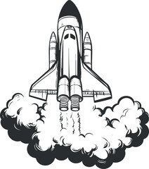 Black and white illustration of a space shuttle launching with smoke and engine flames during takeoff