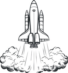Obraz premium Black and white illustration of a rocket shuttle launching with smoke and flames during liftoff