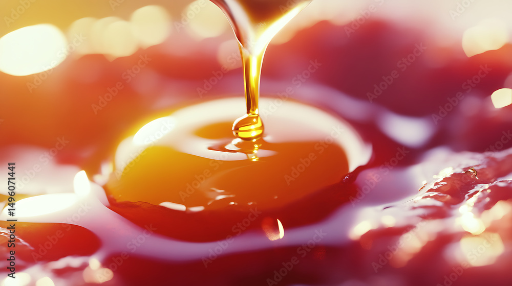 Poster golden liquid drizzle, creating a glistening pool with soft, diffused light. abstract close-up empha
