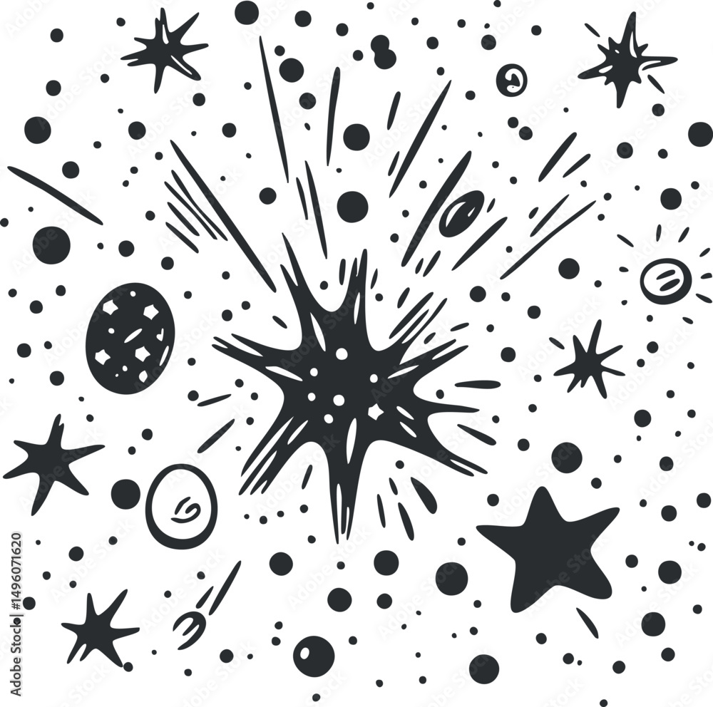 Poster black and white abstract space pattern with stars and sparkles representing cosmic explosion
