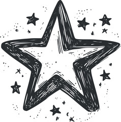 Handdrawn black and white star shape with decorative smaller stars and dots around it
