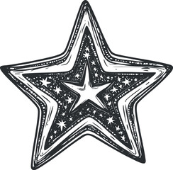 Black and white decorative star shape illustration with a textured, cosmic pattern inside