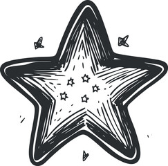 Hand drawn black and white five pointed star sketch with decorative lines and small stars around it