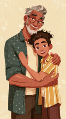 Digital illustration in vertical format of a minimalist graphic composition with a father and his son