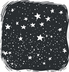 Black and white illustration of a starry night sky filled with stars and celestial dots