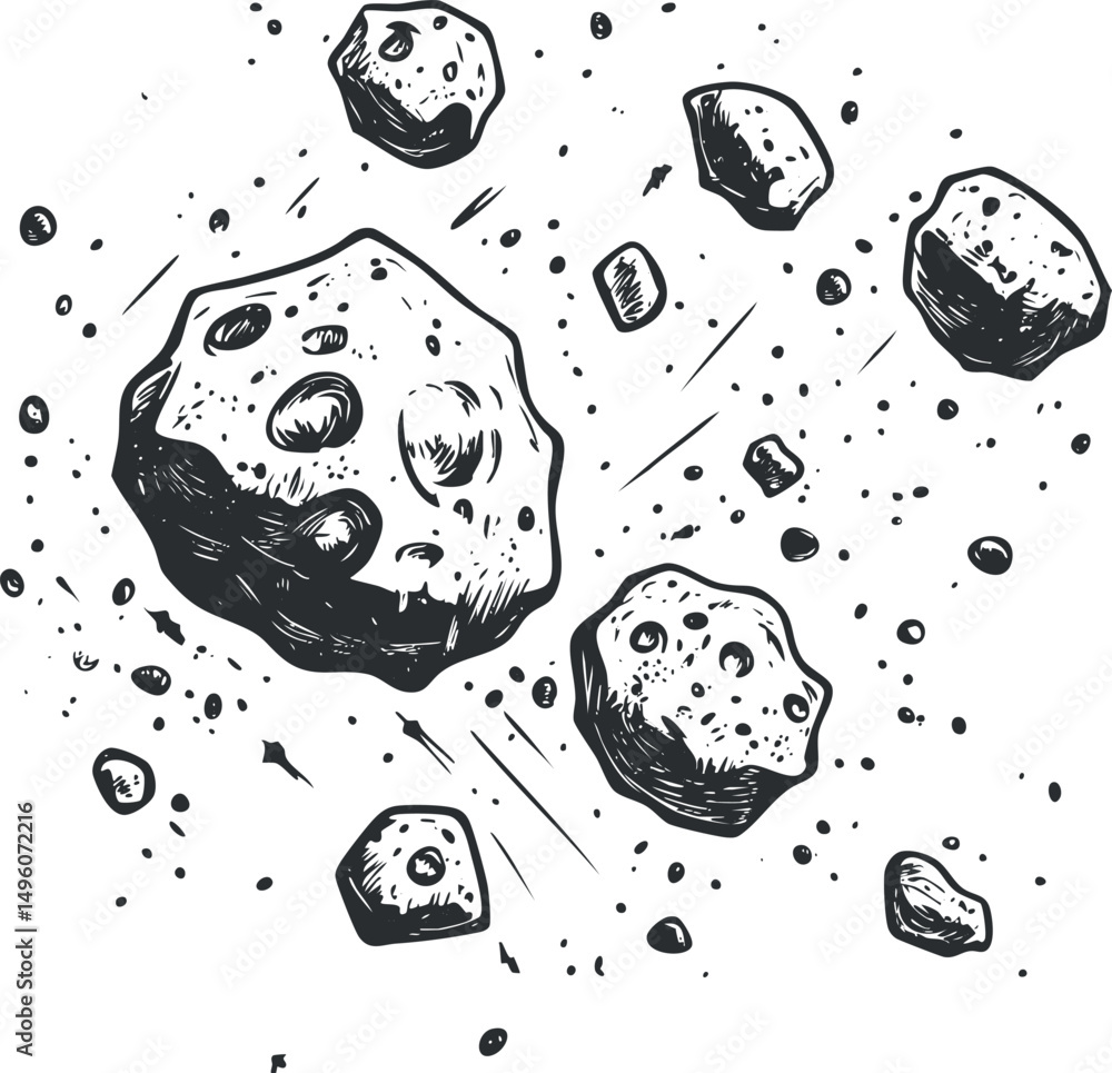 Aufkleber black and white hand drawn illustration of asteroids floating in outer space with craters visible