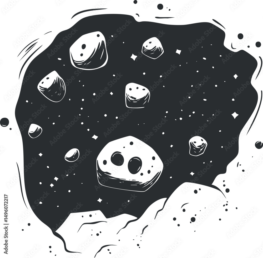 Poster black and white illustration of asteroids floating in outer space with stars in the background.