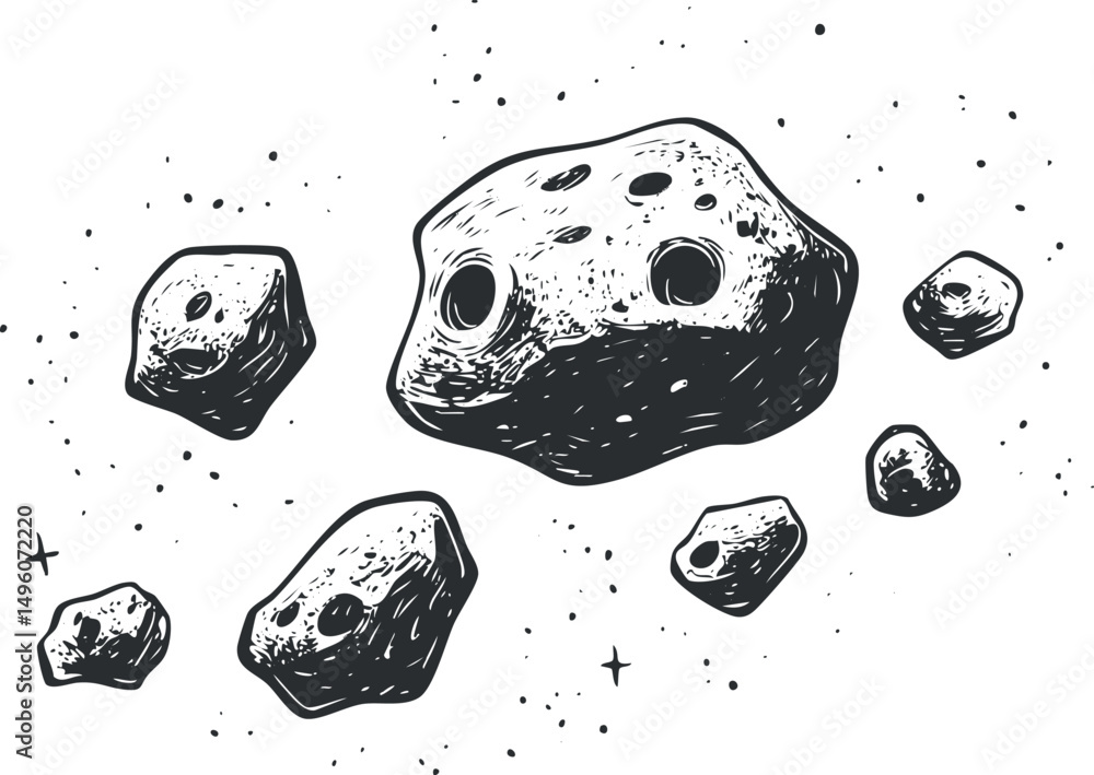 Aufkleber black and white sketch illustration of multiple asteroids floating in outer space with stars and cos