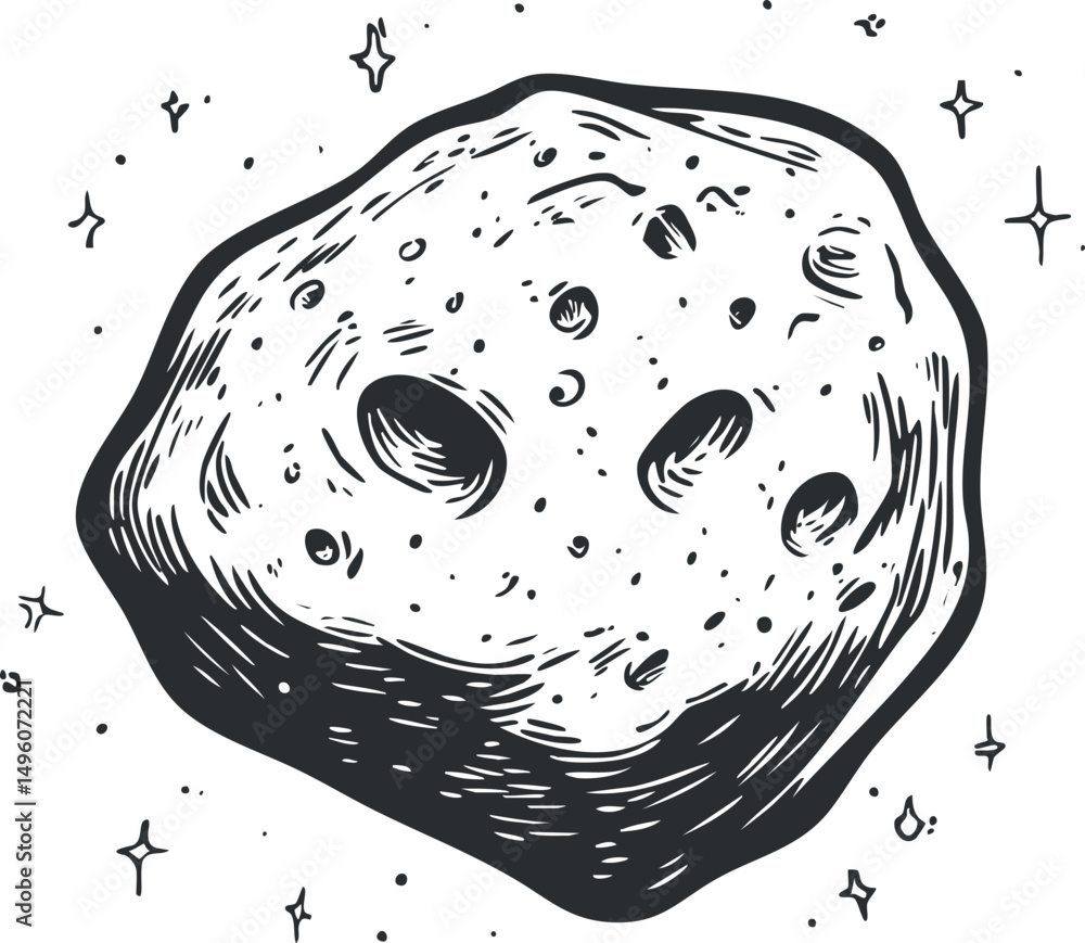 Aufkleber black and white sketch illustration of an asteroid with craters floating in outer space surrounded b
