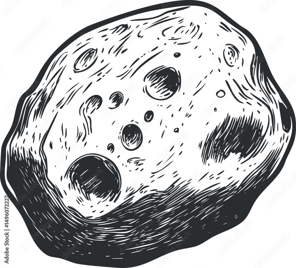 Aufkleber black and white sketch of an asteroid with craters floating in outer space, a celestial rock object