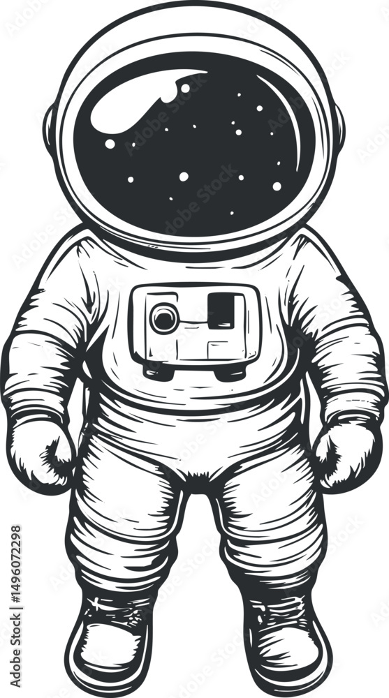 Poster black and white vector illustration of an astronaut in a spacesuit with a reflective helmet showing 