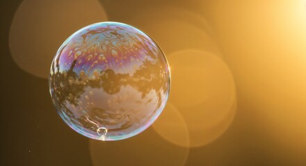 Colorful soap bubble floating in the air with a golden background and bokeh effect