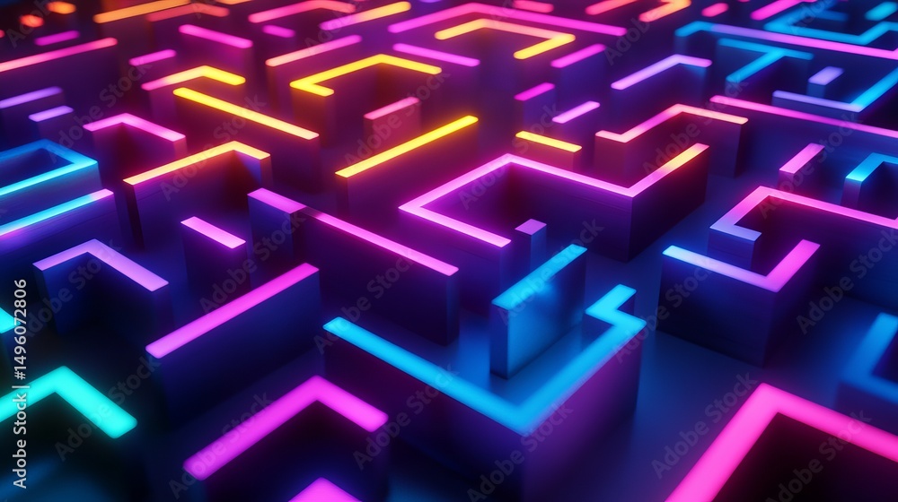 Poster abstract neon maze 3d render vibrant colorful geometric pattern background digital art design illust