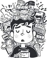 Black and white cartoon illustration of a stressed boy overwhelmed by various objects and emotions around his head