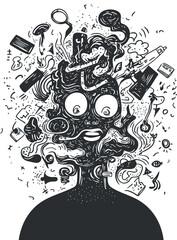 Naklejka premium Abstract surreal black and white doodle face with chaotic lines and shapes expressing imagination and creativity