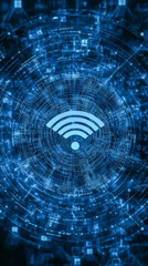 Fototapeta premium Futuristic glowing WiFi symbol with digital circuits and binary code background