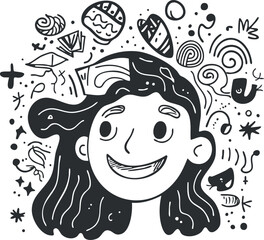 Hand drawn doodle of a happy girl smiling with flowing hair and playful abstract elements around