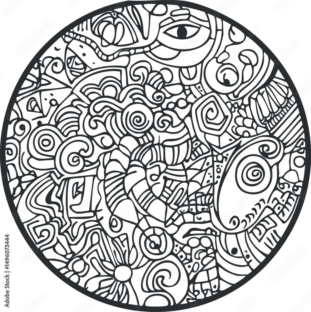 Poster abstract black and white circular doodle pattern with swirls and intricate line art design