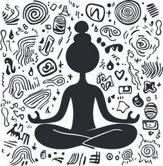 Silhouette of a woman meditating in lotus pose surrounded by abstract hand-drawn doodles and symbols representing calm and mindfulness