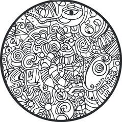 Fototapeta premium Abstract black and white circular doodle pattern with swirls and intricate line art design