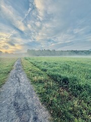 Obraz premium The winding, meandering Windham Path, in spring. walk, bike, hike or run. A meadow, creek, stream enjoying the misty mountain sunrise. Small town countryside vibe. Charming ski area in the Catskills.