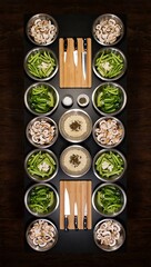 Fresh ingredients ready for culinary preparation featuring vegetables and essential cooking tools