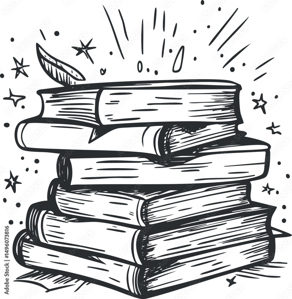 Aufkleber hand-drawn illustration of a stack of books surrounded by stars and sparkles representing knowledge 