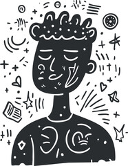 Abstract black and white line art illustration of a thoughtful young man's face and upper body with doodle symbols.