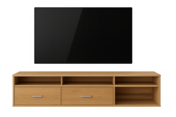 Modern smart tv on wooden tv stand with transparent background