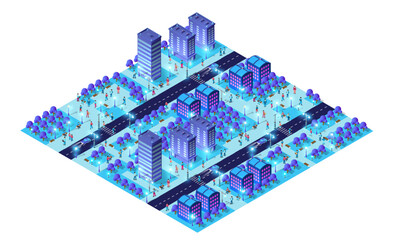 Futuristic smart city at night with glowing buildings and citizens walking on streets