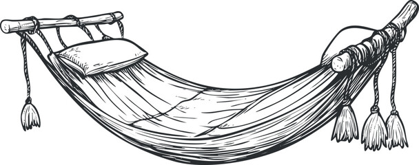 Black and white line drawing of a hammock with pillow hanging between two wooden bars for relaxation and rest