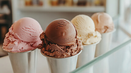 Assortment of ice cream scoops in metal cups. Various flavors are displayed: pink, chocolate, vanilla, and peach. Sweet treat for any occasion.