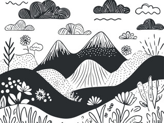 Black and white hand-drawn landscape illustration with mountains, hills, flowers, and clouds.