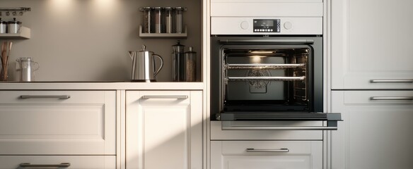 Fototapeta premium The modern kitchen featuring a sleek oven and elegant cabinetry.