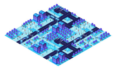 Futuristic smart city at night with glowing buildings and citizens walking on streets