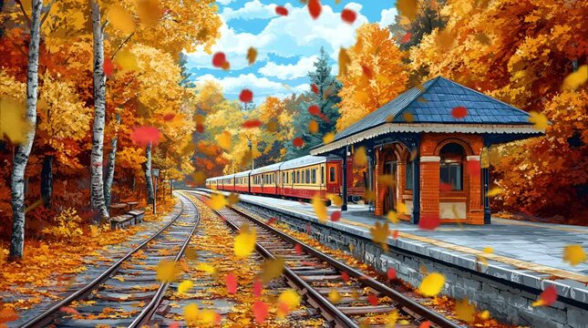 Vibrant Autumn Train Station Surrounded by Colorful Falling Leaves in a Scenic Woodland Setting. Seamless looping 4k video background 