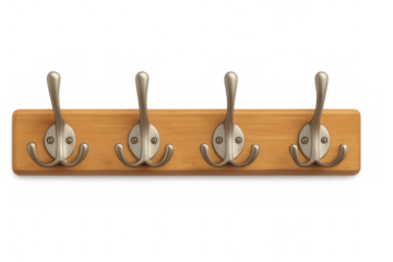 Wooden coat rack with four metal hooks hanging on transparent background