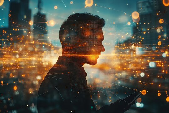 Double exposure of graph chart and network connection on businessman using tablet analyzing sales data and economic growth on citiy background