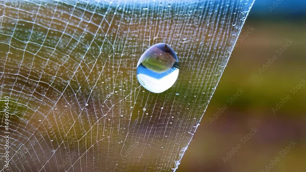 Poster close-up of spiderweb with morning dew, intricate web design with a raindrop reflecting a cloudy sky