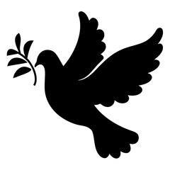 Black silhouette of a dove carrying an olive branch symbolizing peace and hope