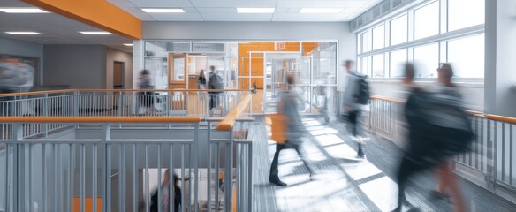 The bustling corridor filled with students in a modern educational building.
