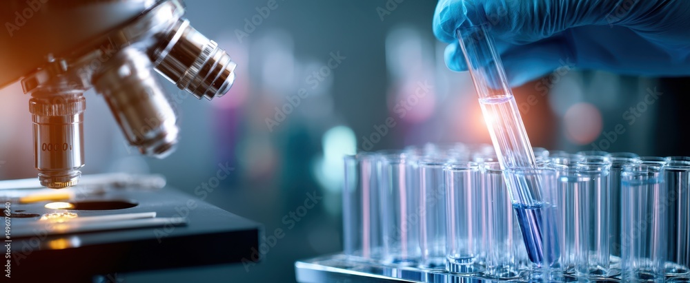 Poster the laboratory technician conducting experiments with test tubes and a microscope.