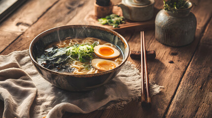 A bowl of ramen with eggs and seaweed on a wooden table next to chopsticks and a teacup set up
