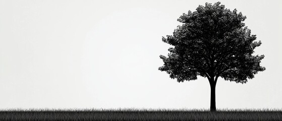 A lone tree stands in a field, its silhouette stark against the light gray sky.