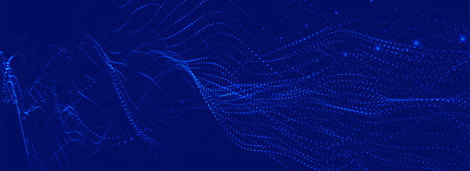 Futuristic dot wave. Abstract digital particle wave. Technology background. Colored musical wave. Dark background. Digital background with smooth, wavy curves. 3D rendering.