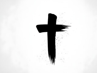 A powerful symbol of faith and hope, a black and white hand drawn cross with a simple abstract style and slightly textured brushstrokes. It depicts the fundamental beliefs of Christianity. 